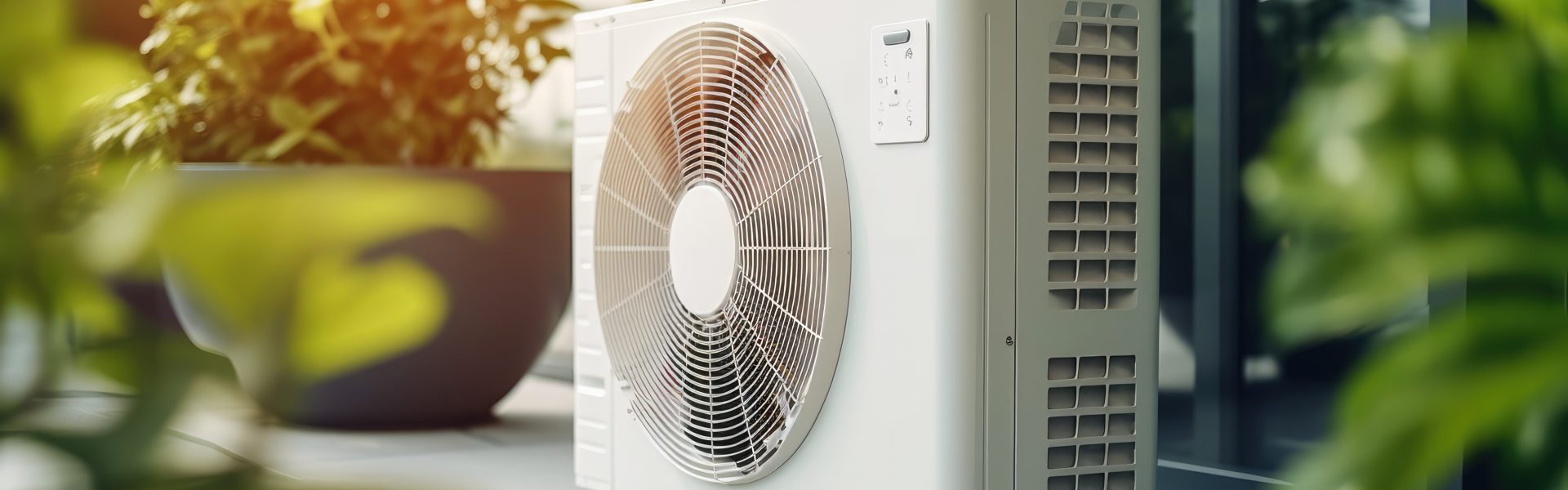 modern heat pump unit outside with plants around it